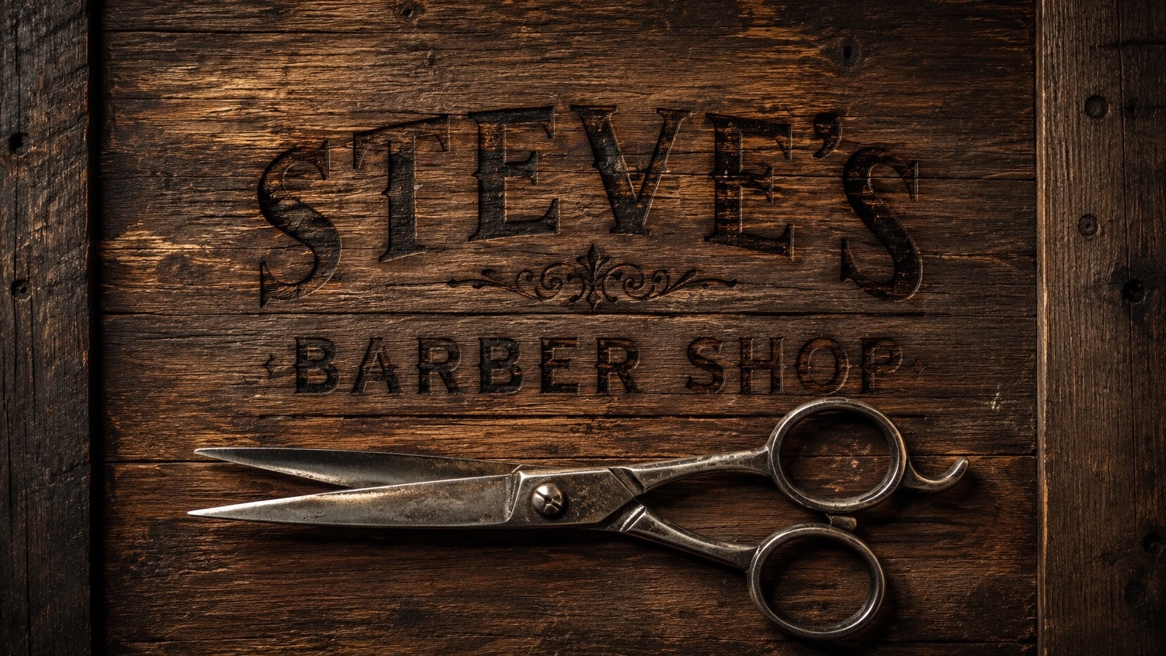 Steve's Barber Shop rustic wood logo